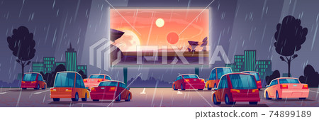 Car street cinema rainy weather. Drive-in theater 74899189