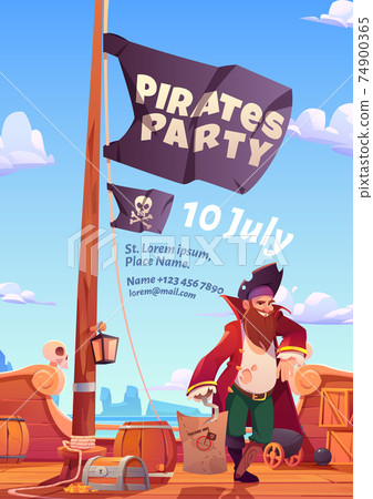Pirate party flyer with wooden ship deck and flag 74900365