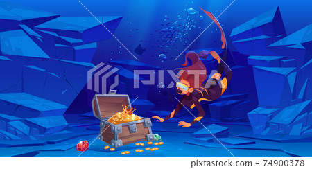 Woman scuba diver and treasure chest in sea Woman scuba diver and treasure chest in sea 74900378