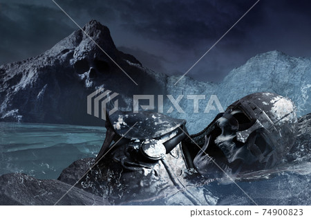 3d render illustration of sea skull cave with hills and dead viking skeleton remains in armor and helmet laying on shore. 74900823