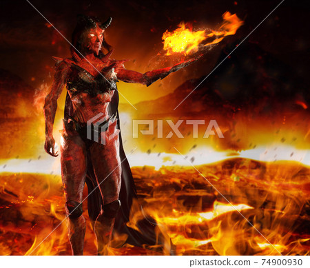 3d render illustration of hellish demon goddess standing and casting fire spell on burning inferno background. 3d render illustration of hellish demon goddess standing and casting fire spell on burning inferno background. 74900930