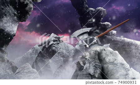 3d render illustration of a fantasy viking mountain valley with falling snow and axe in stone. 74900931