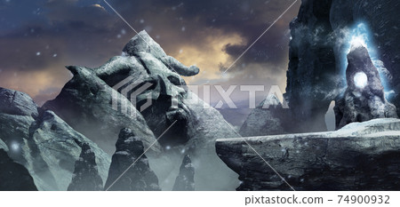 3d render illustration of a fantasy viking mountain valley with burning magical totem. 3d render illustration of a fantasy viking mountain valley with burning magical totem. 74900932