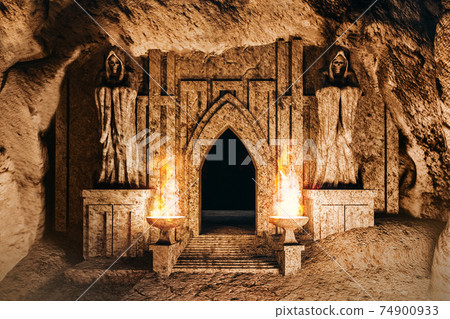 3d render environtment illustration of the temple entrance cave with monk statues and burning torches closeup. 74900933