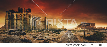 Post apocalyptic background image of desert city wasteland with abandoned and destroyed buildings, cracked road and sign. 74901005