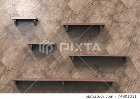 3d render illustration of empty shelves on wooden tile wall background with copy space. 74901011