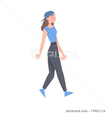 Woman Character Wearing Baseball Cap Going or Walking Taking Steps Forward Side View Vector Illustration Woman Character Wearing Baseball Cap Going or Walking Taking Steps Forward Side View Vector Illustration 74901114