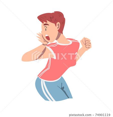 Woman Character Holding Hand Near Mouth and Shouting or Screaming Loud to the Side Vector Illustration Woman Character Holding Hand Near Mouth and Shouting or Screaming Loud to the Side Vector Illustration 74901119
