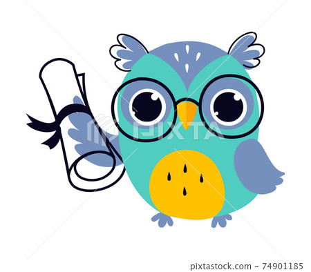 Wise Owl in Glasses, Cute Bird Cartoon Character Holding Diploma Scroll Vector Illustration 74901185
