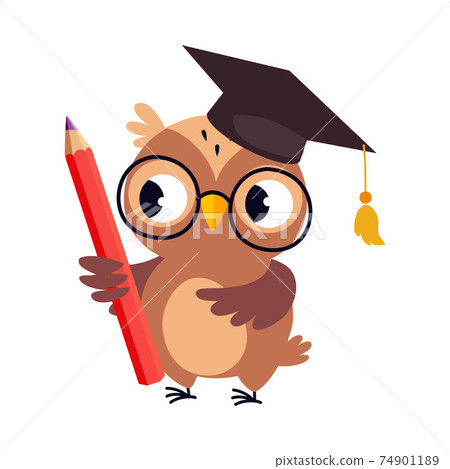 Wise Brown Owl in Graduation Cap, Cute Bird Teacher Cartoon Character with Pencil Vector Illustration 74901189