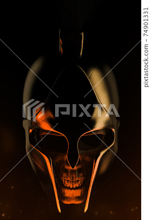3d render illustration of spartan warrior skull in helmet composition on dark background. 74901331