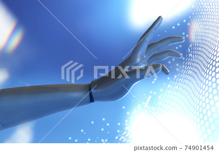 3d rendered illustration of humanoid robot hand touching cyber technological net. 3d rendered illustration of humanoid robot hand touching cyber technological net. 74901454