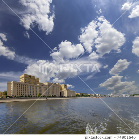 Main Building of the Ministry of Defence of the Russian Federation (Minoboron), day-- is the governing body of the Russian Armed Forces and Moskva River. Moscow, Russia 74901640