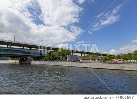 Luzhnetskaya Bridge (Metro Bridge) and Moskva River, Moscow, Russia. View from tourist pleasure boat Luzhnetskaya Bridge (Metro Bridge) and Moskva River, Moscow, Russia. View from tourist pleasure boat 74901697