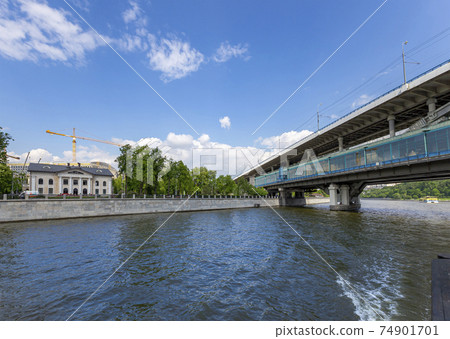 Luzhnetskaya Bridge (Metro Bridge) and Moskva River, Moscow, Russia. View from tourist pleasure boat 74901701