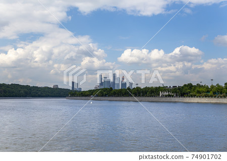 View of the complex of skyscrapers Moscow city. Russia. Shooting from a tourist pleasure boat 74901702
