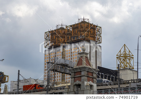 The building of the Presidium of Russian Academy of Sciences, Moscow, Russia.  Shooting from a tourist pleasure boat 74901719
