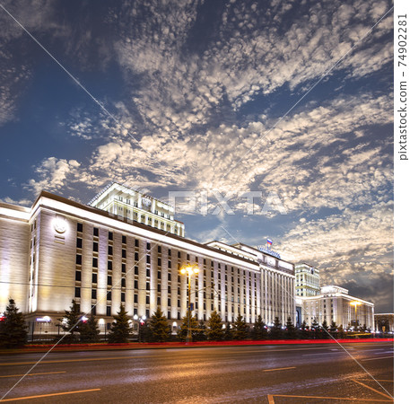 Main Building of the Ministry of Defence of the Russian Federation (Minoboron), at night-- is the governing body of the Russian Armed Forces. Moscow, Russia 74902281
