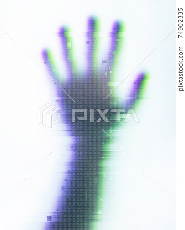 Photo of a blurred paranormal human ghost hand on white background. Photo of a blurred paranormal human ghost hand on white background. 74902335