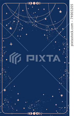 Blue magic background card with stars and space decor with copy space. Natal chart for astrology, tarot, predictions. Boho vector illustration, vintage style. 74903205