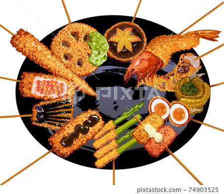 More versatile set of deep-fried skewers-served on a plate More versatile set of deep-fried skewers-served on a plate 74903525