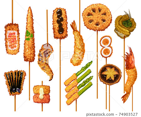 Multiple types of deep-fried skewers 74903527