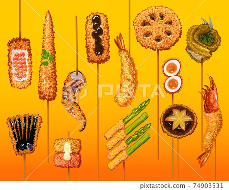 More comprehensive set of deep-fried skewers-golden background 74903531