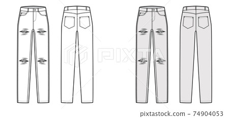 Ripped Jeans distressed Denim pants technical fashion illustration with full length, low waist, rise, 5 pockets, Rivets 74904053