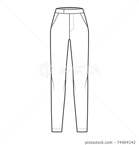 Pants cigarette technical fashion illustration with extended normal low waist, high rise, full length, slant pockets 74904142