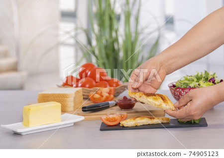 Putting half sandwich on a tray with tomato slices Putting half sandwich on a tray with tomato slices 74905123