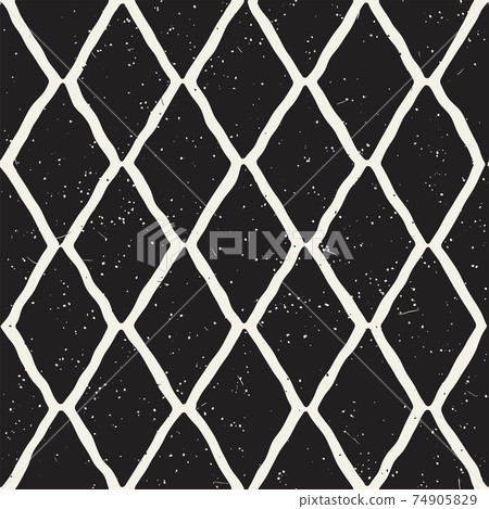 Hand-drawn rhombus lines geometric seamless pattern. Monochrome ink strokes. Abstract vector background texture. 74905829