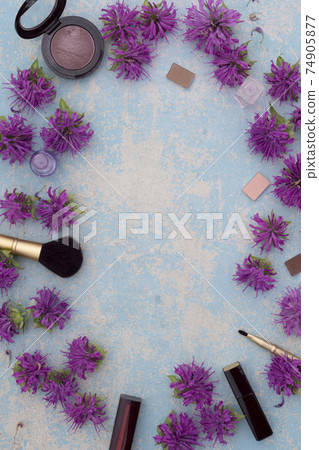Makeup blusher rouge, brushes, lipstick, eye shadow with violet bergamot flower Makeup blusher rouge, brushes, lipstick, eye shadow with violet bergamot flower 74905877