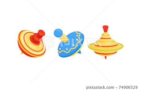 Colorful Spinning Top as Children Toy with Sharp Point for Balancing Vector Set 74906529
