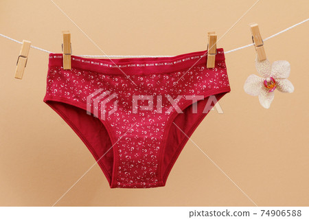 Beautiful women's cotton panties on beige background. 74906588