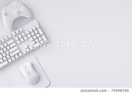 Top view of gamer workspace and gear like mouse, keyboard, joystick 74906590