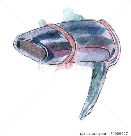 Watercolor illustration of one hairdryer, blue color on background Watercolor illustration of one hairdryer, blue color on background 74906627
