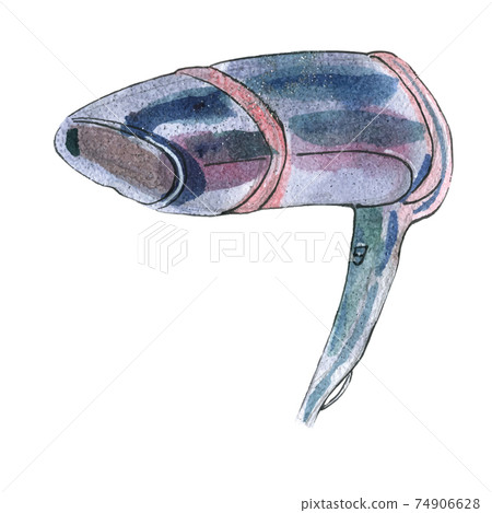 Watercolor illustration of one hairdryer, blue color Watercolor illustration of one hairdryer, blue color 74906628