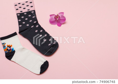 Women socks on pink background. Top view. Women socks on pink background. Top view. 74906748