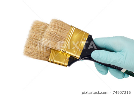 Woman holding painter brushes on a white isolated background. Repair tool. Woman holding painter brushes on a white isolated background. Repair tool. 74907216