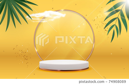 White 3d pedestal background with Golden Glass Ring Frame, realistic clouds, palm leaves and confetti for cosmetic product presentation, fashion magazine. Copy space vector illustration White 3d pedestal background with Golden Glass Ring Frame, realistic clouds, palm leaves and confetti for cosmetic product presentation, fashion magazine. Copy space vector illustration 74908089