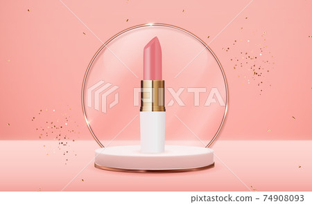 3D Realistic Lipstick on Pink Podium with Glass Frame Design Template of Fashion Cosmetics Product for Ads, flyer, banner or Magazine Background. Vector Iillustration 74908093