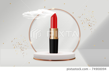 3D Realistic Red Lipstick on White Podium Design Template of Fashion Cosmetics Product for Ads, flyer, banner or Magazine Background. Vector Iillustration 74908094