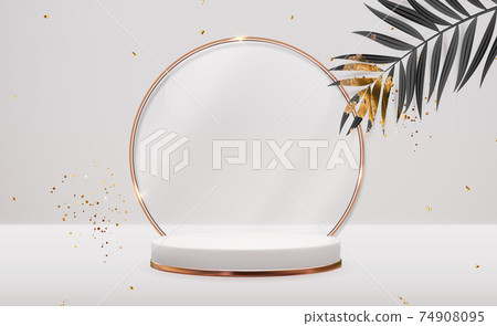 Realistic 3d gold pedestal with golden glass ring frame over pastel natural background. Trendy empty podium display for cosmetic product presentation, fashion magazine. Copy space vector illustration 74908095