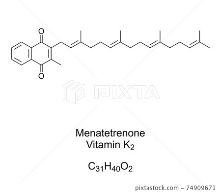 Menatetrenone, Vitamin K2, menaquinone, chemical formula and skeletal structure. Also known as MK-4, is one of 9 forms of vitamin K2, found in animal products and fermented foods. Illustration. Vector 74909671