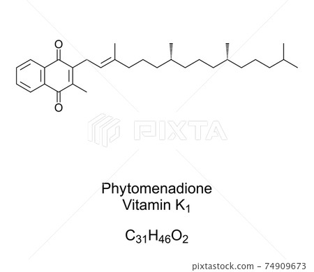 Phytomenadione, Vitamin K1, phylloquinone, chemical formula and skeletal structure. Also phytonadione, found in food and used as dietary supplement to treat bleeding disorders. Illustration. Vector. 74909673