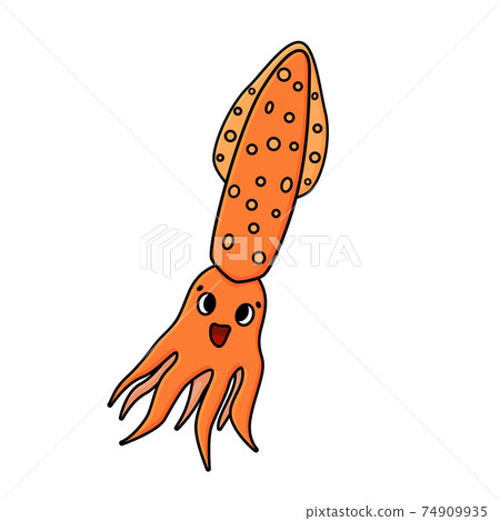 Orange vector Longfin inshore squid. Cartoon doodle Animal with eyes and smile is isolated on white background 74909935