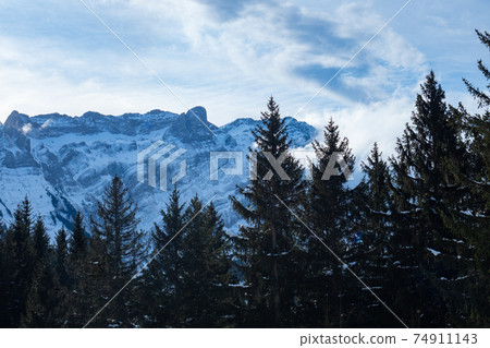 View from the hills in Appenzell to Saentis, a mountain in Switzerland 74911143