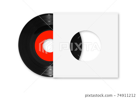 45rpm single vinyl record with red label and white sleeve on white with clipping path 74911212