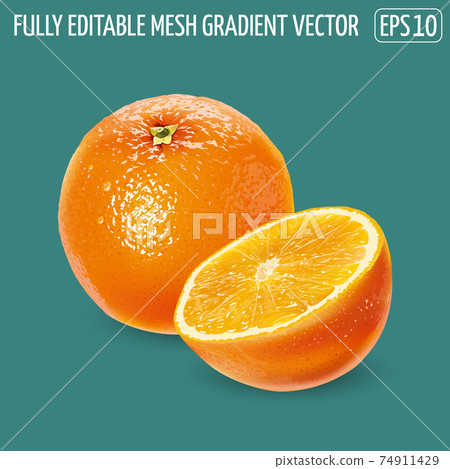 Whole orange with a cut half on a green background. 74911429