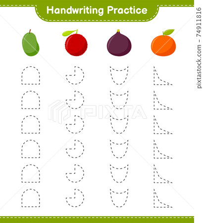 Handwriting practice. Tracing lines of Fruits. Educational children game, printable worksheet, vector illustration 74911816
